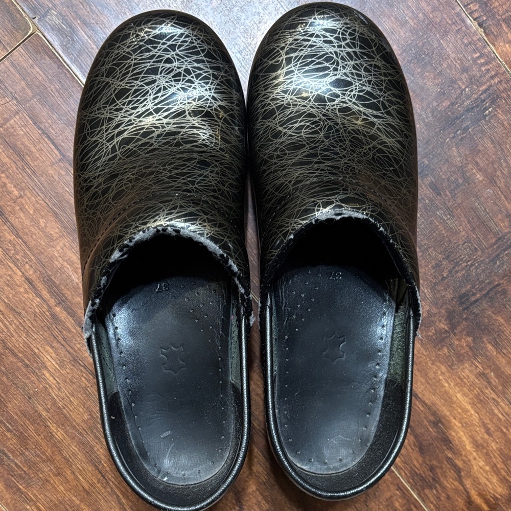 Dansko Black and Brown Patterned Clogs